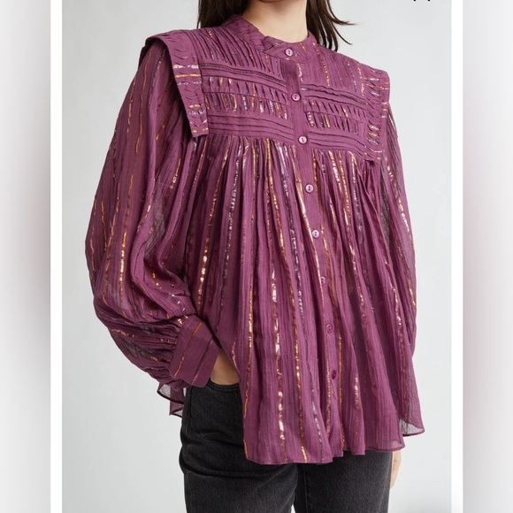 Farm Rio Burgundy Pleated Yoke Long Sleeve Blouse Women’s Medium Gold Metallic - Picture 1 of 10